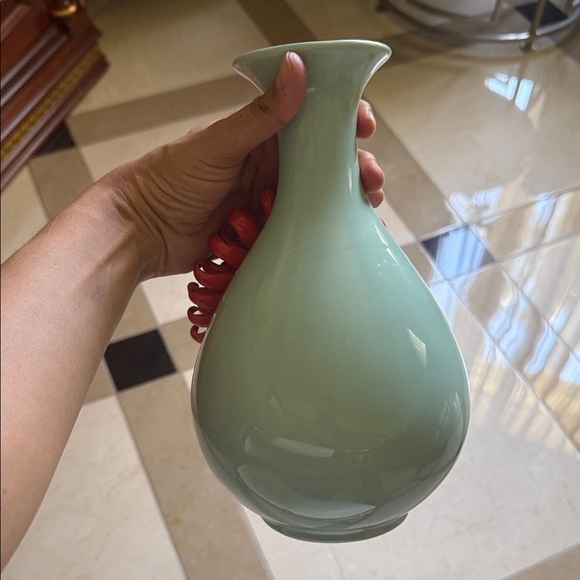 Anthropologie Aqua Vase with Vibrant Red Floral Accent - Picture 4 of 5